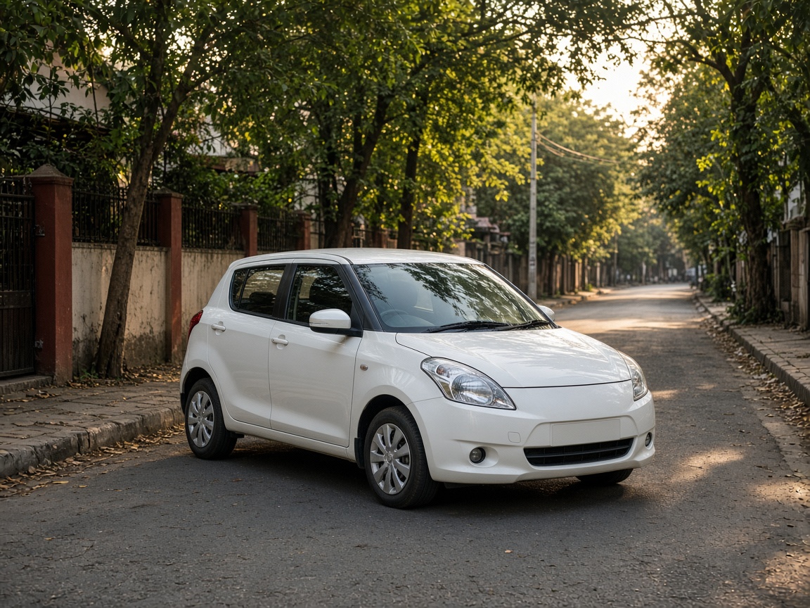 A white hatchback parked on a tree-lined residential street