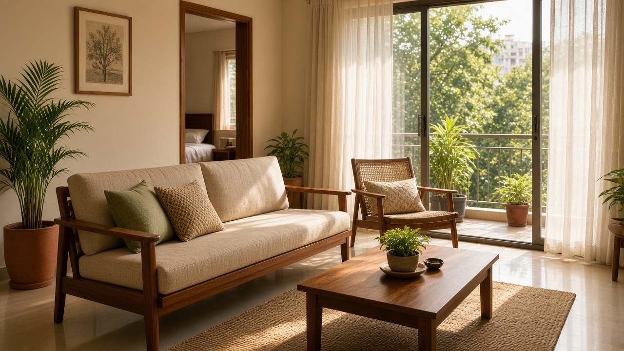 A sunlit living room with a teak sofa and a balcony