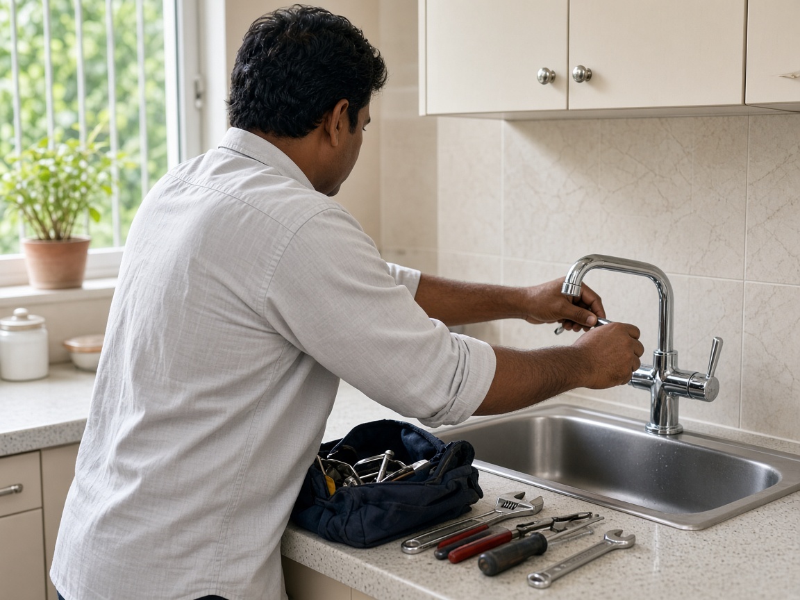 A plumber repairing a kitchen tap